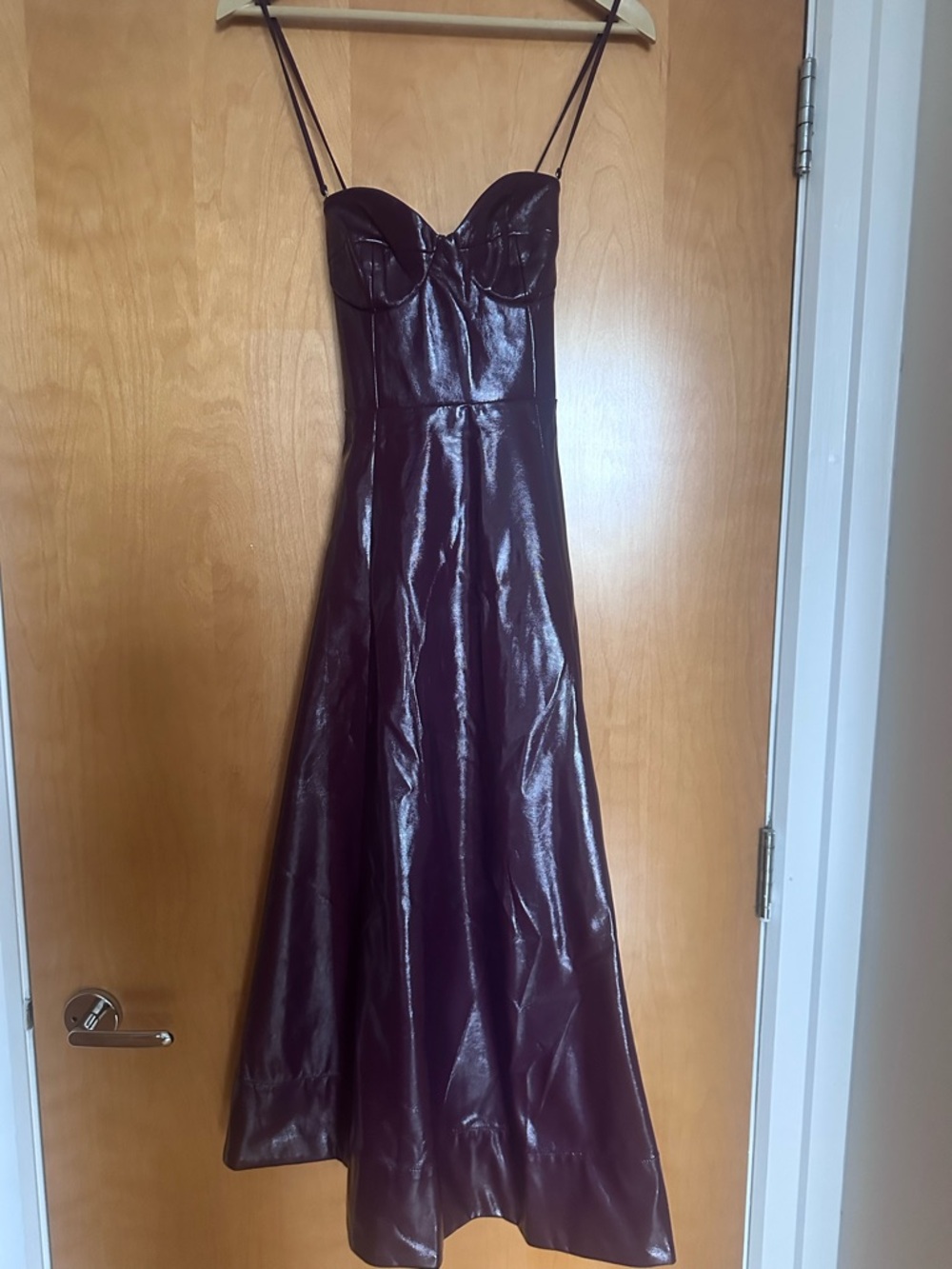 STAUD Burgundy Faux Leather Maxi Dress with Spaghetti Straps